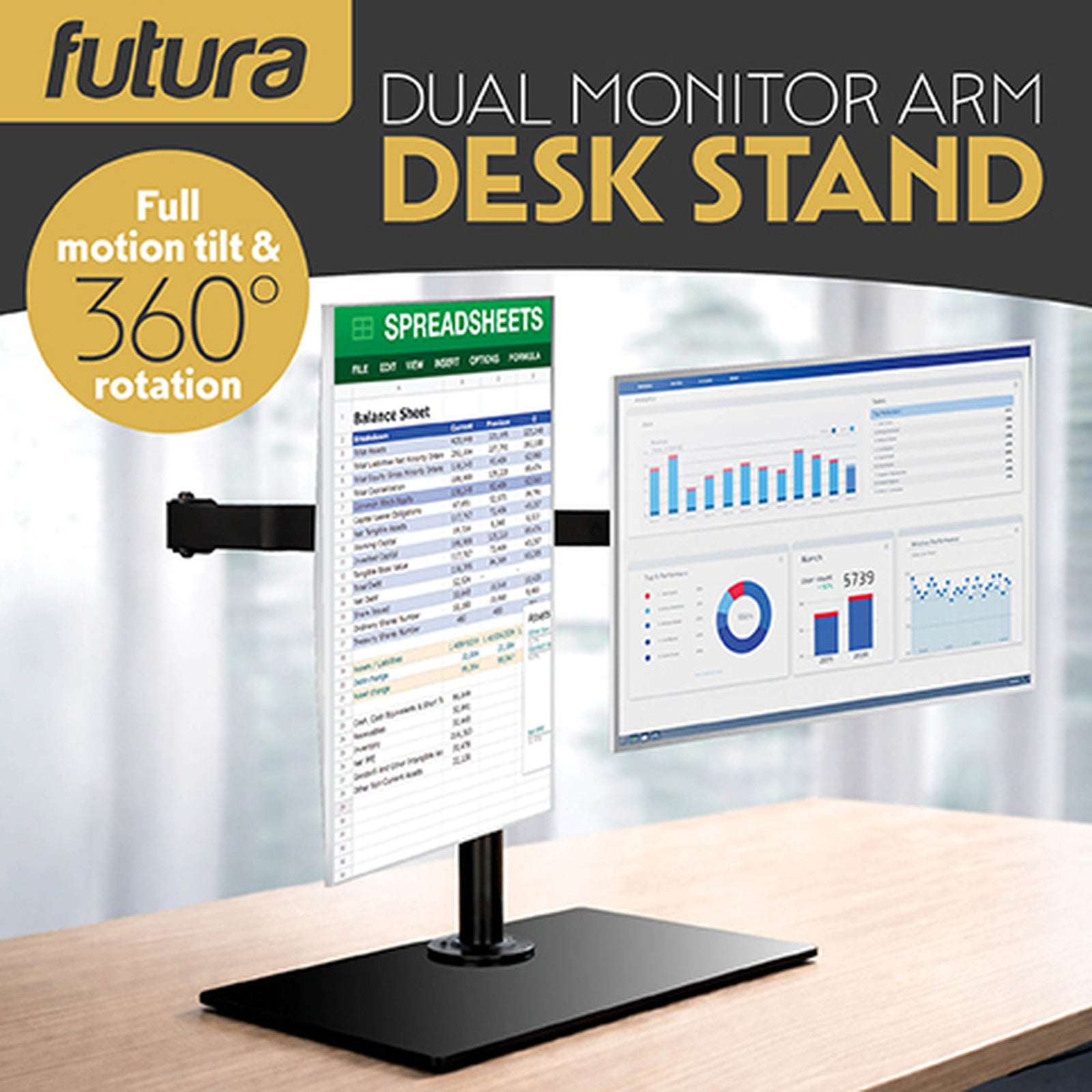 Futura Dual Monitor Stand 13 To 32 Inch Height Adjustable Freestanding Base Supports 8kg Per Arm