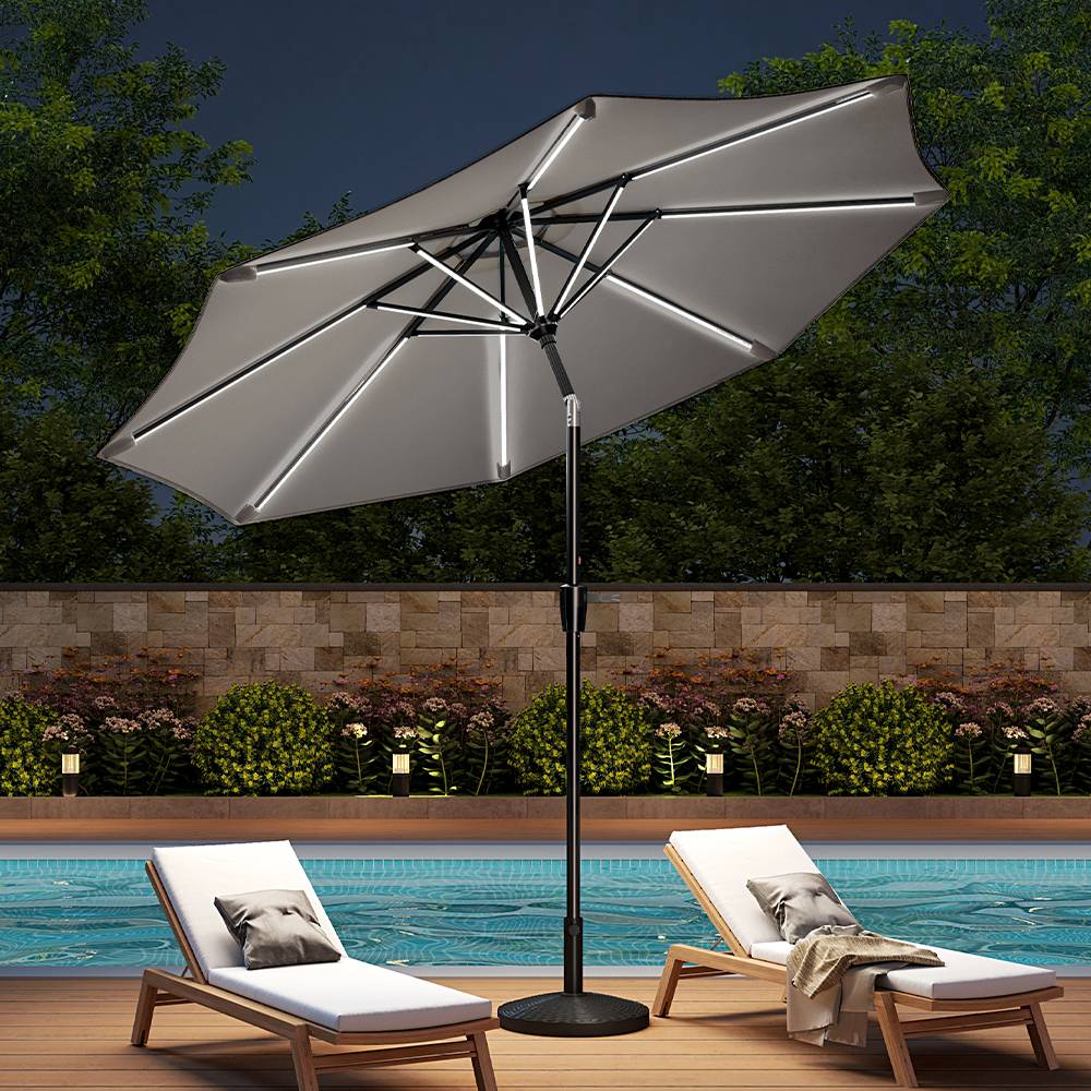 3m Solar Led Patio Umbrella, Outdoor Parasol With 16 Led Tubes, Crank Lift & Push Button Tilt With Round Base | One Size | Light Grey