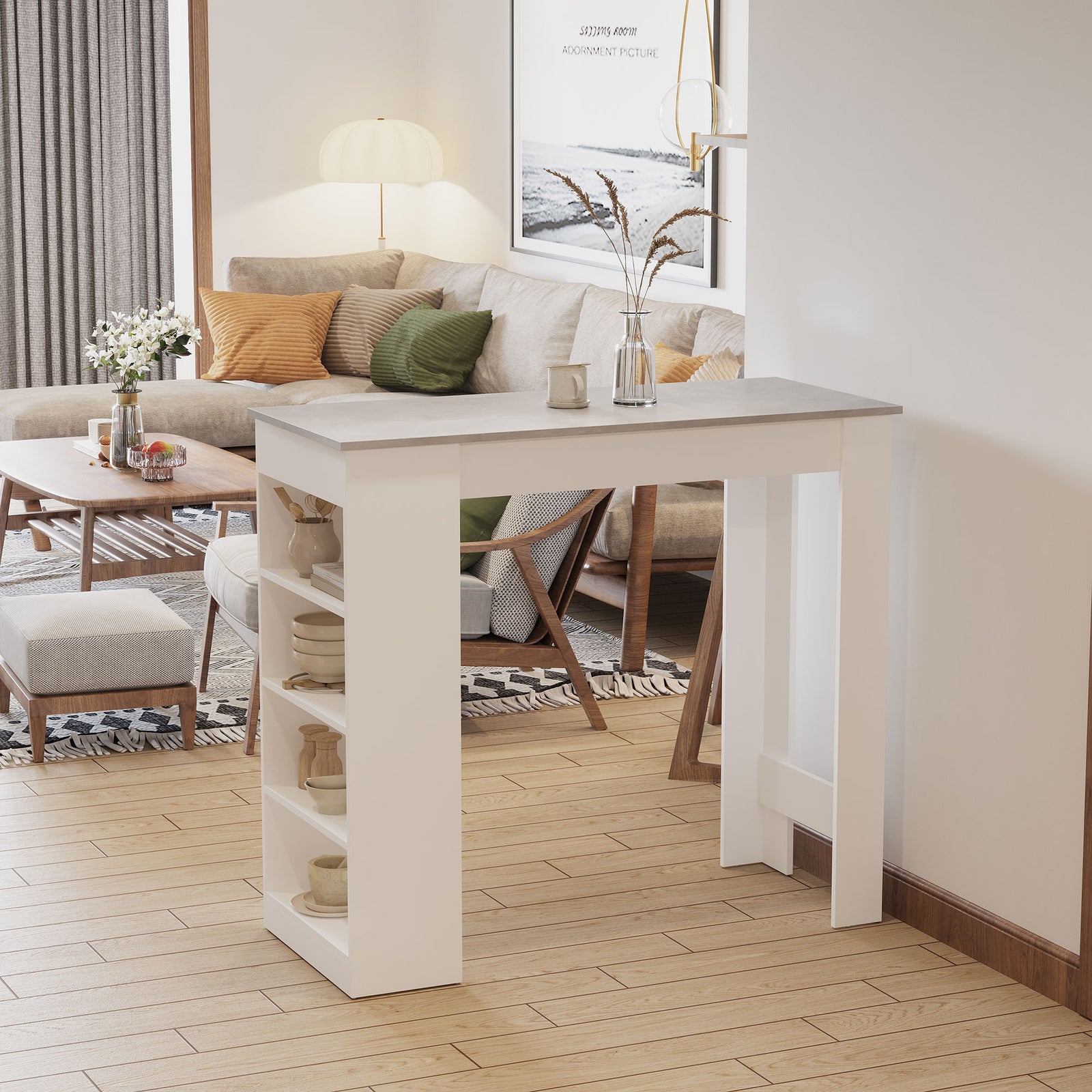 Table Kitchen Dining Table W/ 3-tier Storage Shelf