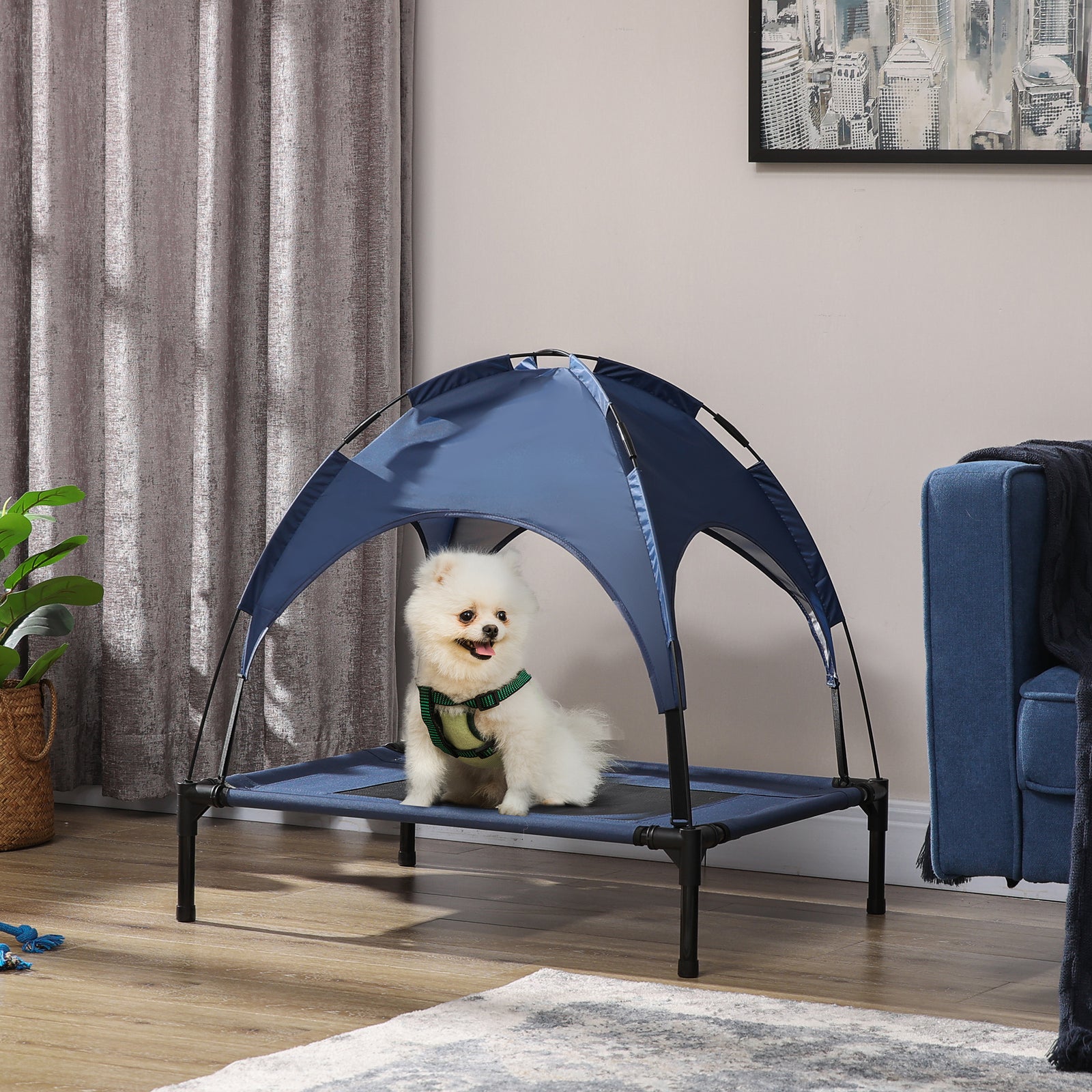 Pawhut 76cm Elevated Dog Bed Cooling Raised Pet Cot Uv Protection Canopy | Blue