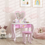 Kids Dressing Table Set, Heart Theme Vanity Table With Stool, Mirror, Drawer