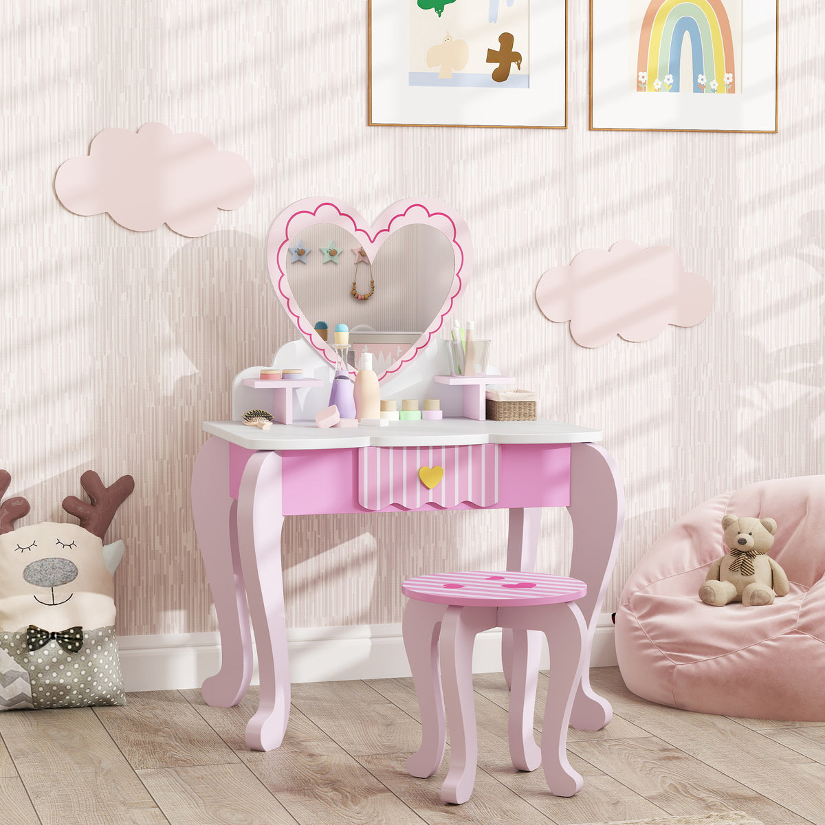Kids Dressing Table Set, Heart Theme Vanity Table With Stool, Mirror, Drawer