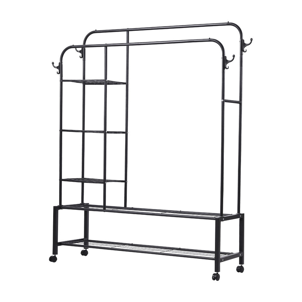 Double-rod Clothes Rack With Shelves And Wheels