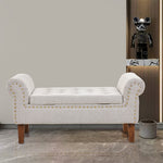 Linen Upholstered Storage Bench With Nailhead Trim & Wooden Legs – Modern Entryway Or Bedroom Seat 106cm W | Beige