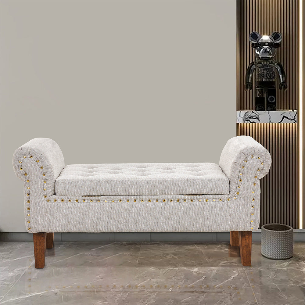Linen Upholstered Storage Bench With Nailhead Trim & Wooden Legs – Modern Entryway Or Bedroom Seat 106cm W | Beige