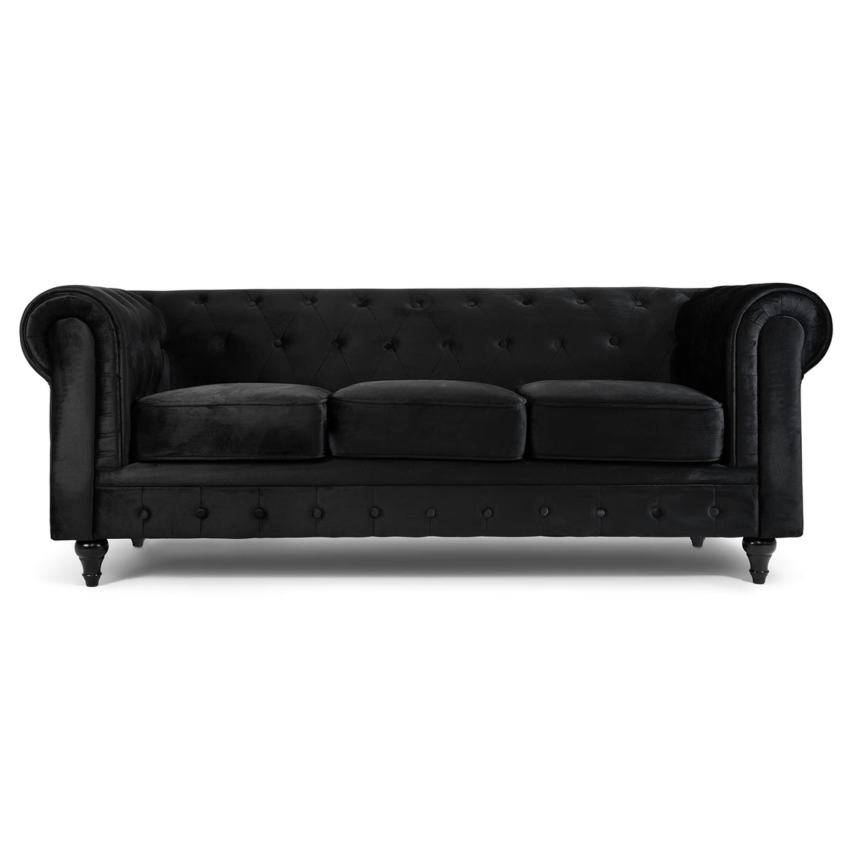 Chesterfield Scroll Arm Velvet Sofa 3 Seater | Black