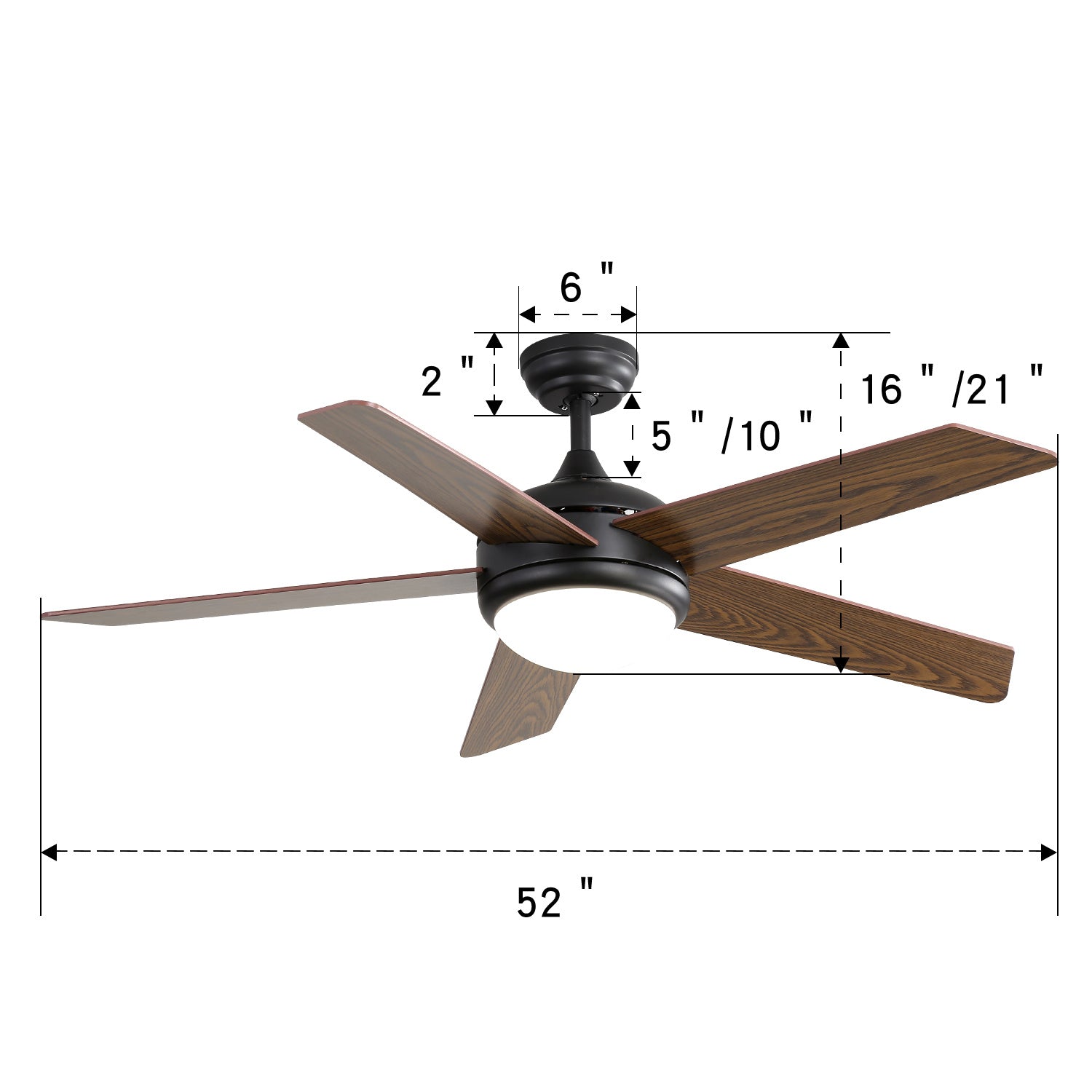 52 Inch Ceiling Fan With Dimmable Led Light & Remote 5 Blade Modern Quiet Fan