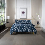 Petite Fleure 100% Cotton Duvet Cover Set – Floral Blossom Print Bedding With Piped Edges | Single | Navy Blue
