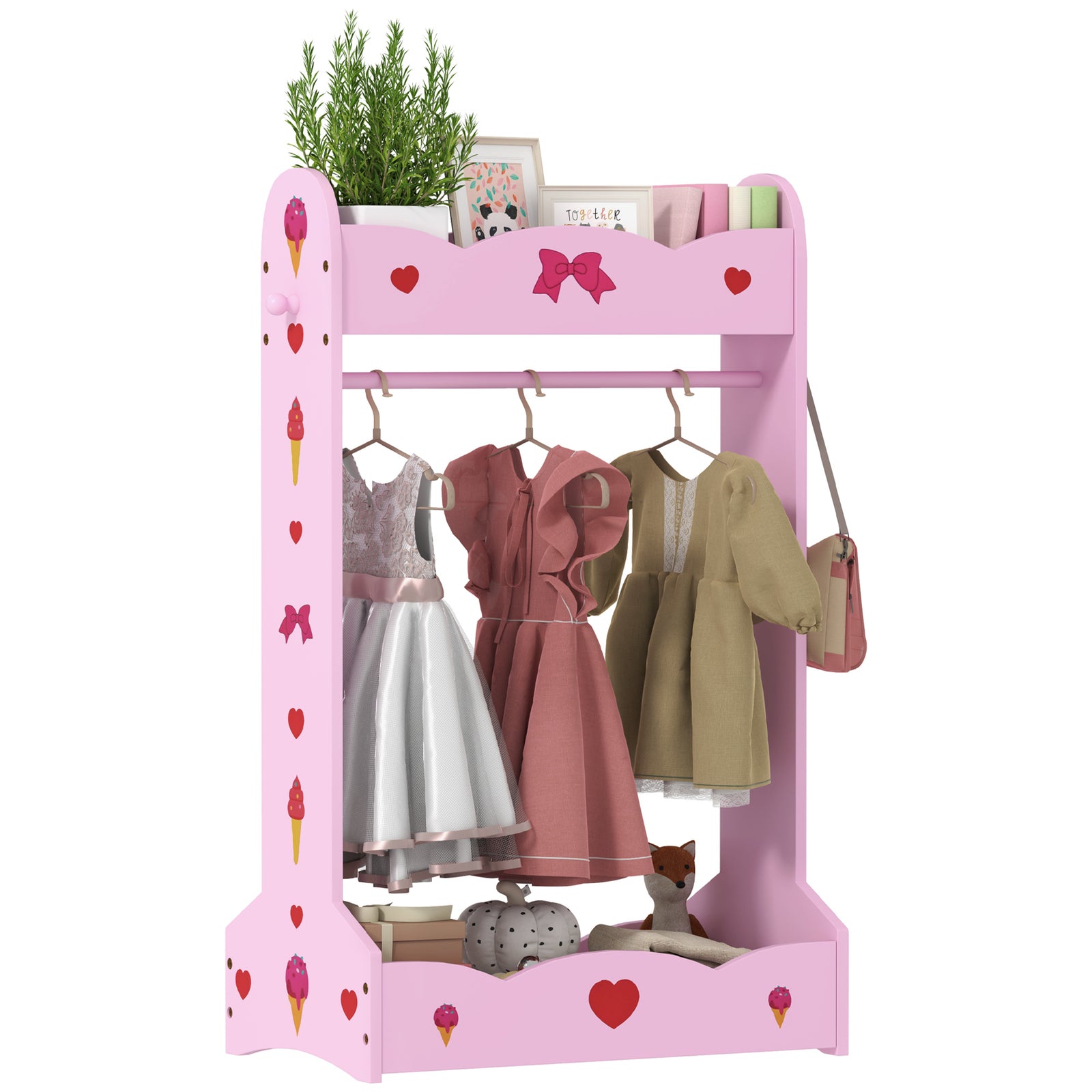Kids Clothes Rail, Dress Up Rail W/ 2 Storage Shelves, 70 X 37 X 103cm | Hot Pink