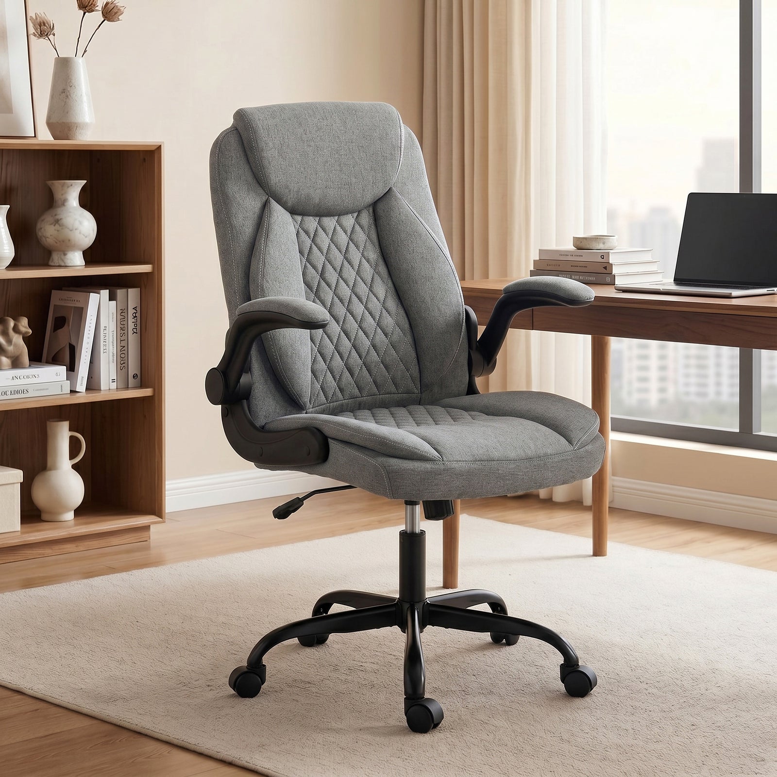 Linen-look Computer Desk Chair With Thick Cushion | Grey
