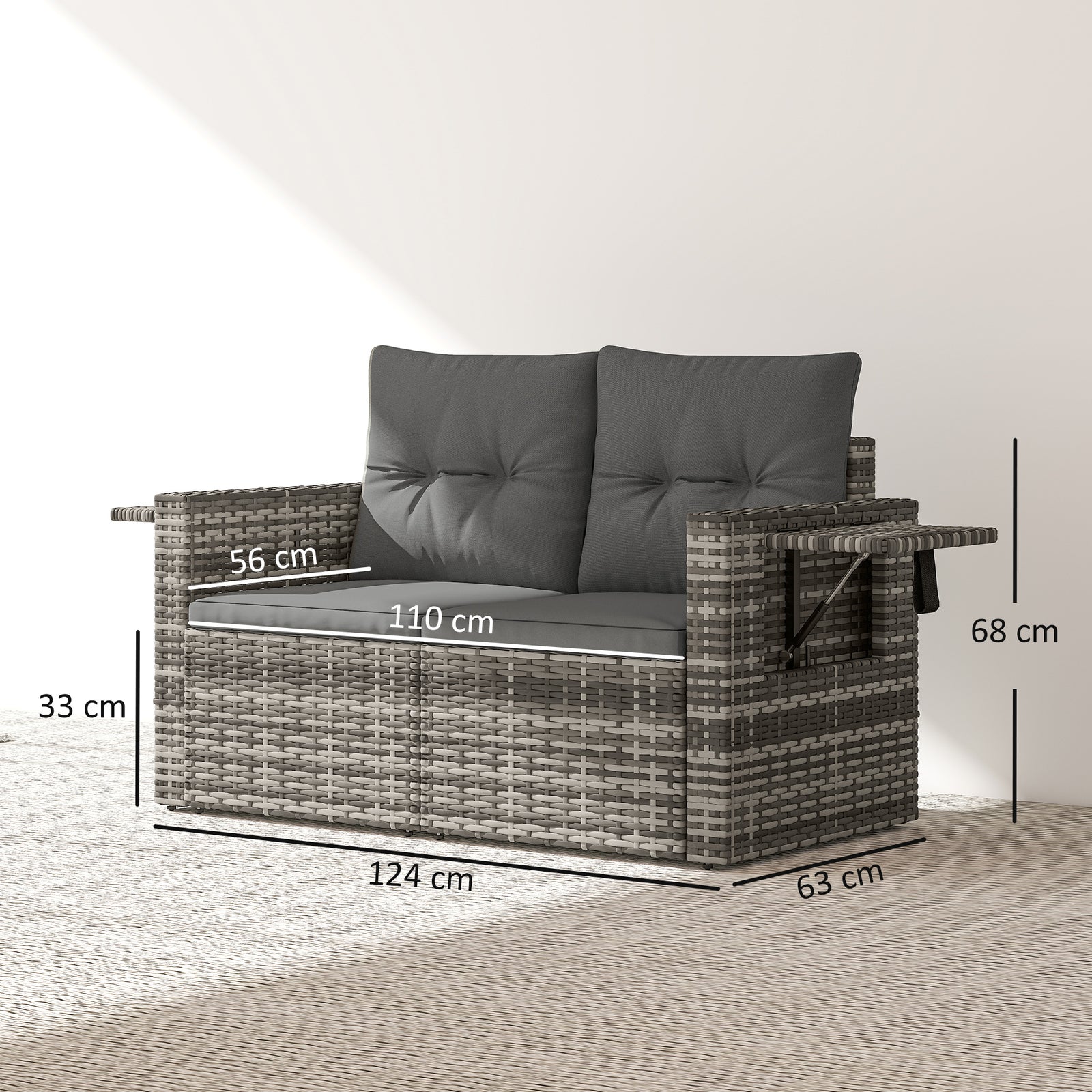 Rattan Garden Sofa With Hidden Side Trays 2 Seater, Dark Grey