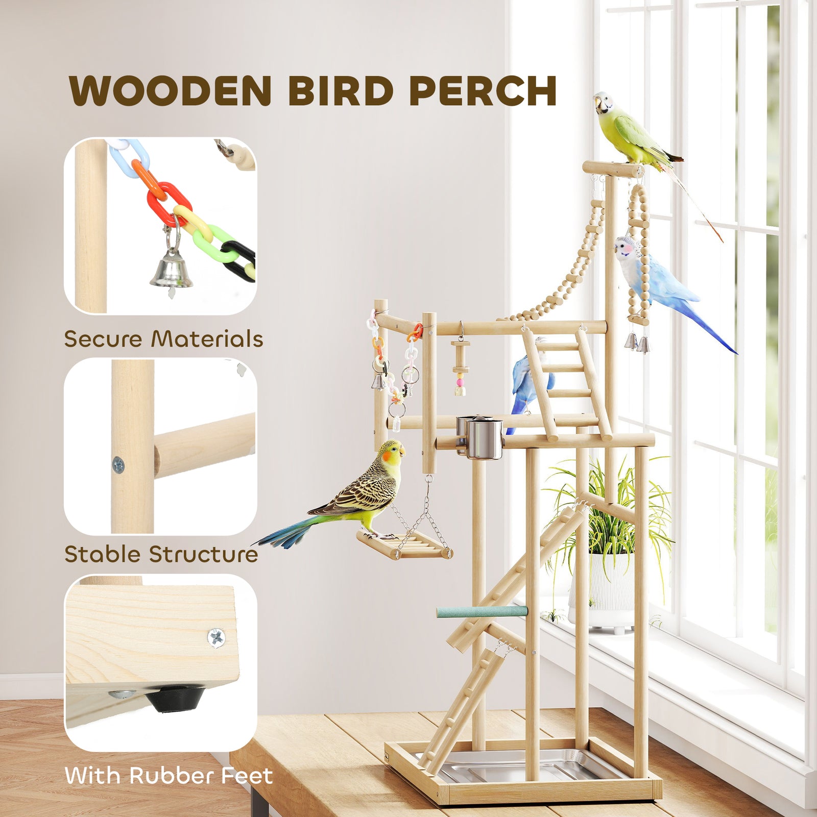 PawHut Wooden Bird Playground With Ladders, Chain Toy, Steel Cups And Tray