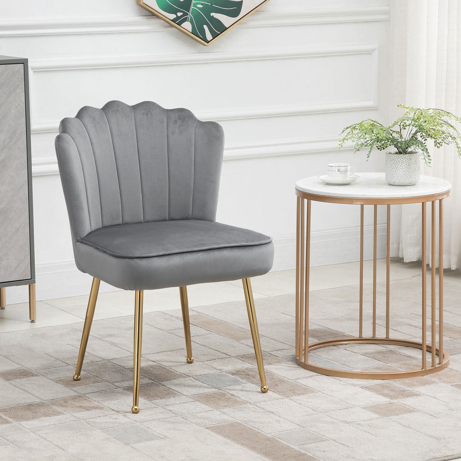Velvet-feel Shell Accent Chair Bedroom Lounge Metal Legs | One Size | Gray