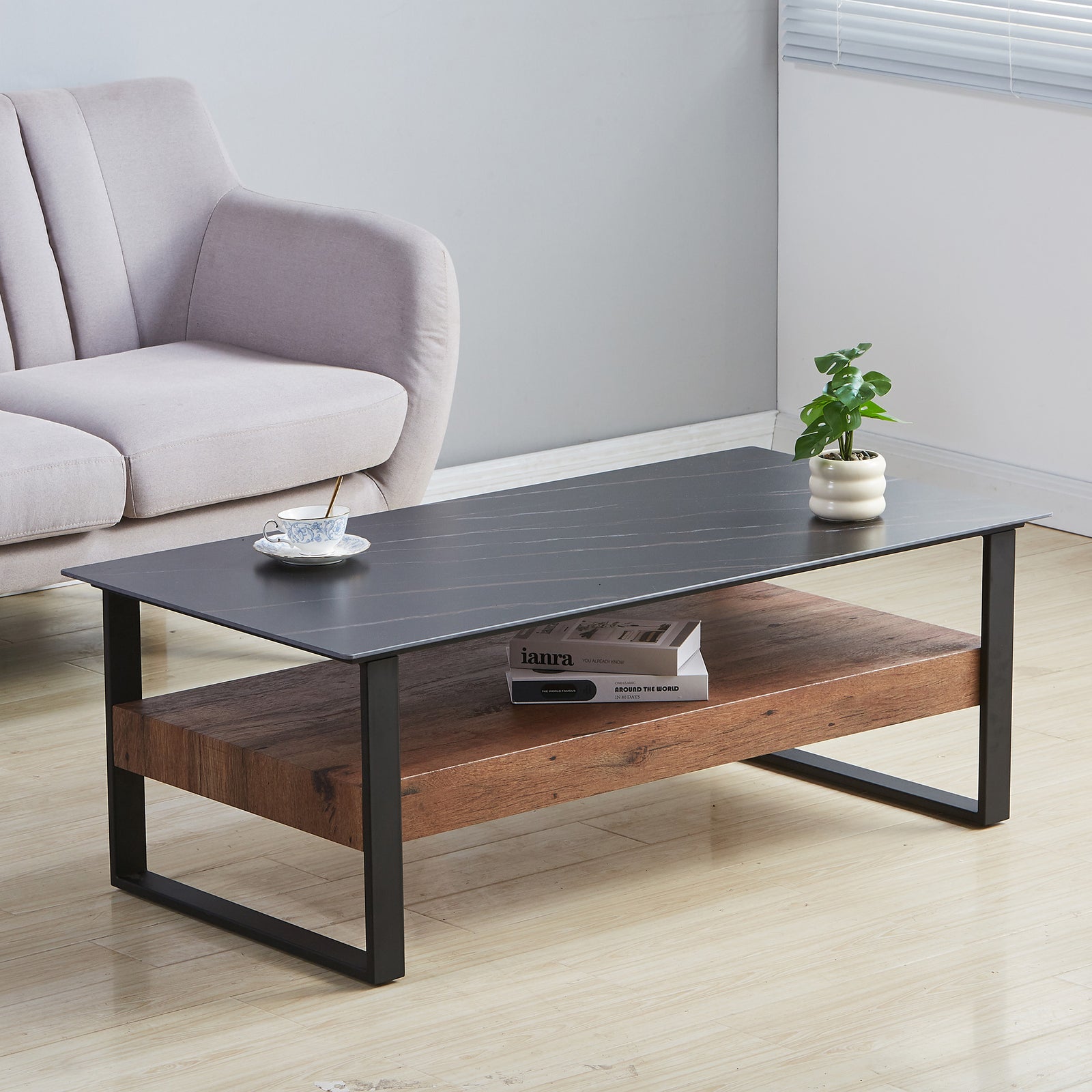 Ascent Rectangular Stone Coffee Table With Shelf | Set-of-1 | Black