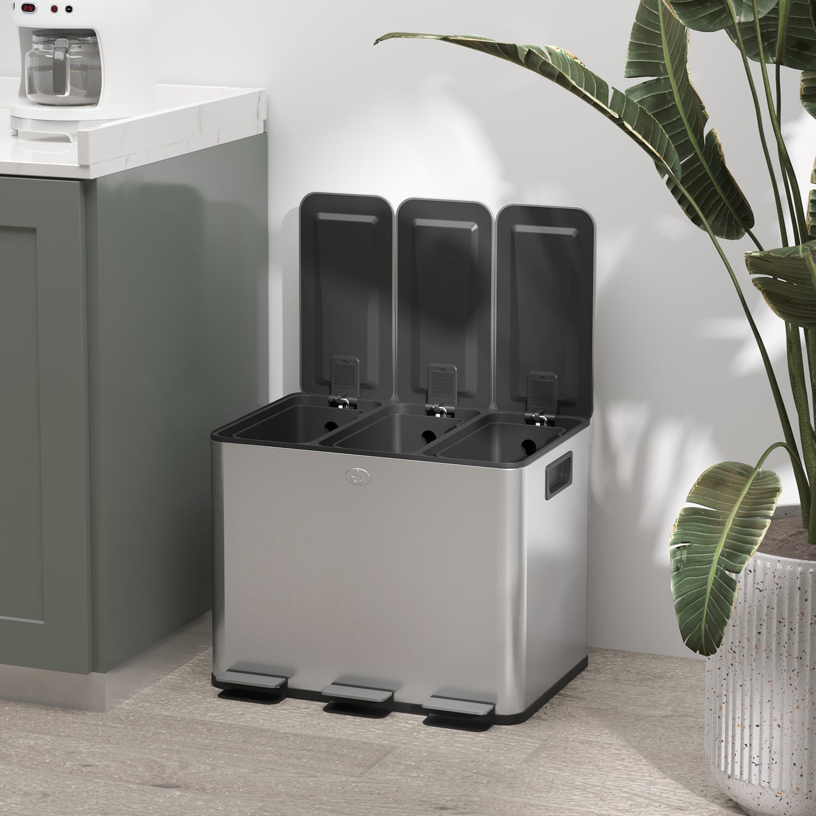 3 X 20l Triple Kitchen Bin Pedal Bin For Recycling And Waste | Silver