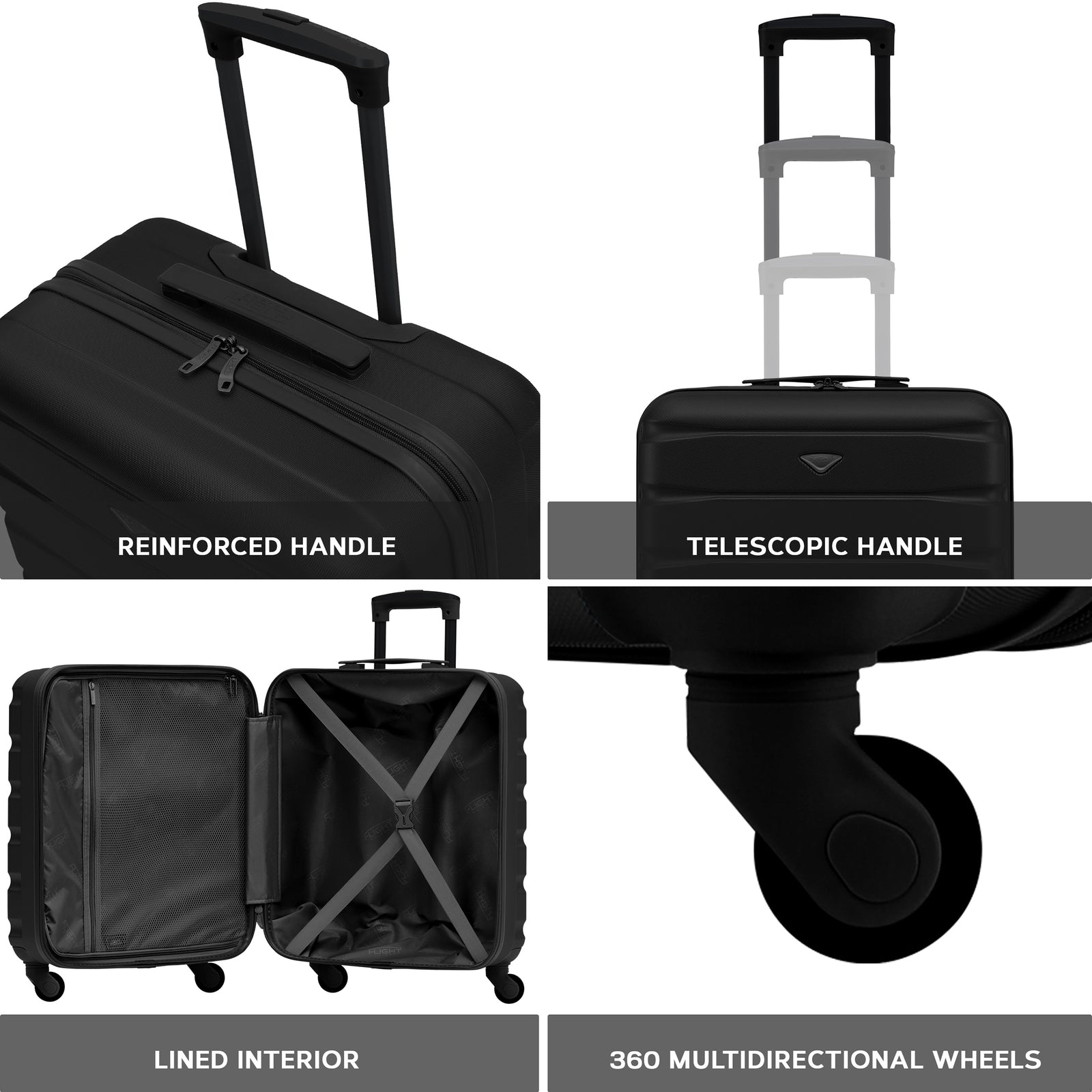 56x45x25cm Large Cabin Carry On Case - Overhead Luggage Suitcase - 4 Spinner Wheels - Abs Shell | 56 x 45 x 25cm | Black
