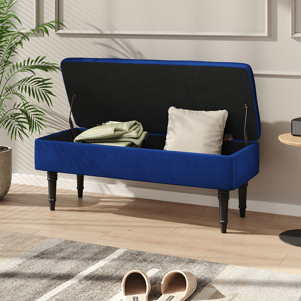 Velvet Upholstered Storage Bench With Button-tufted Seat And Rubberwood Legs | Royal Blue