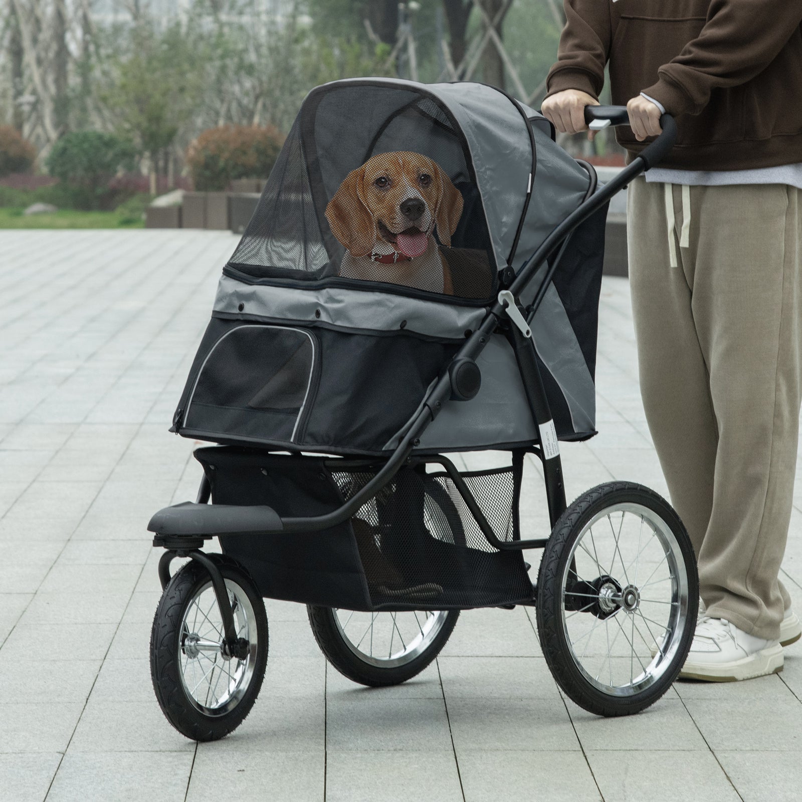 3 Wheel Pet Stroller, For Medium Small Dogs, Foldable Cat Pram | Gray