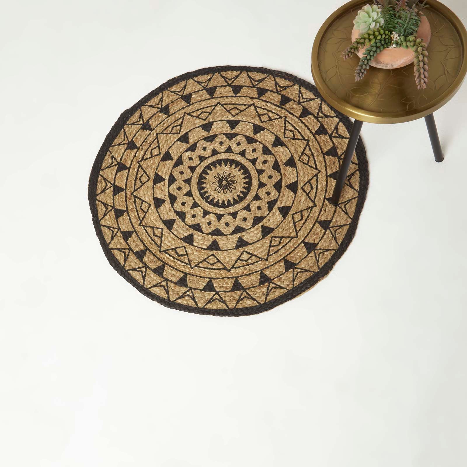 Natural & Black Mandala Braided Jute Rug Round | 70cm x 70cm | Black