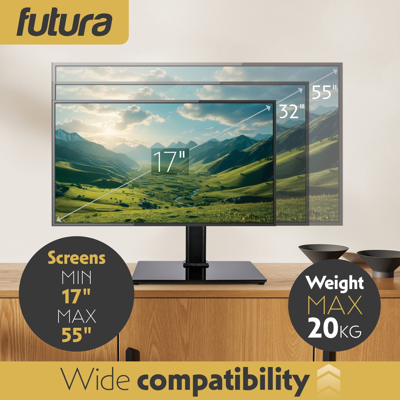 Universal Tv Stand 17 To 55 Inch Tvs, Swivel, Rotation & Height Adjustable, 20kg Load, Max Vesa 200x200mm Glass Base