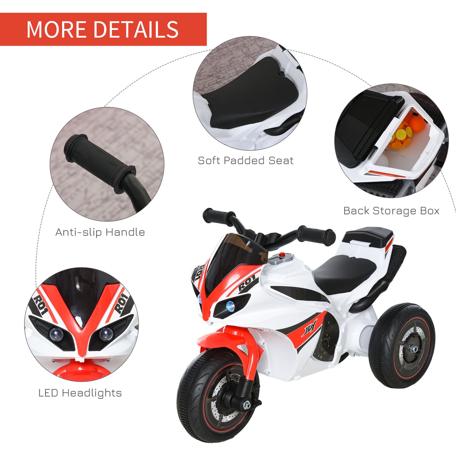 Kids Ride-on Police Bike 3-wheel Vehicle W/ Music Lights 18-36 Mths | White