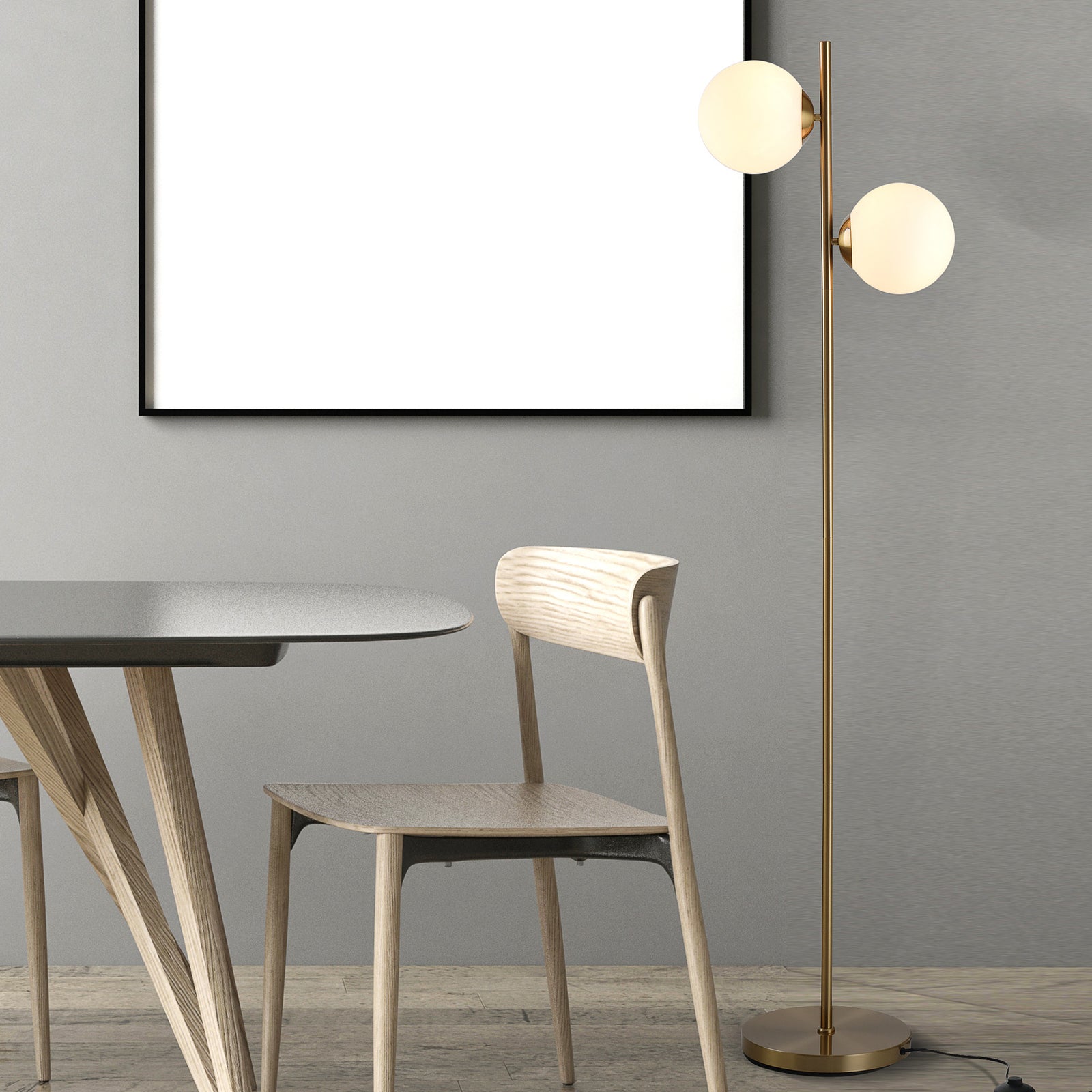 2 Glass Shade Floor Lamp Metal Pole Modern Decorative