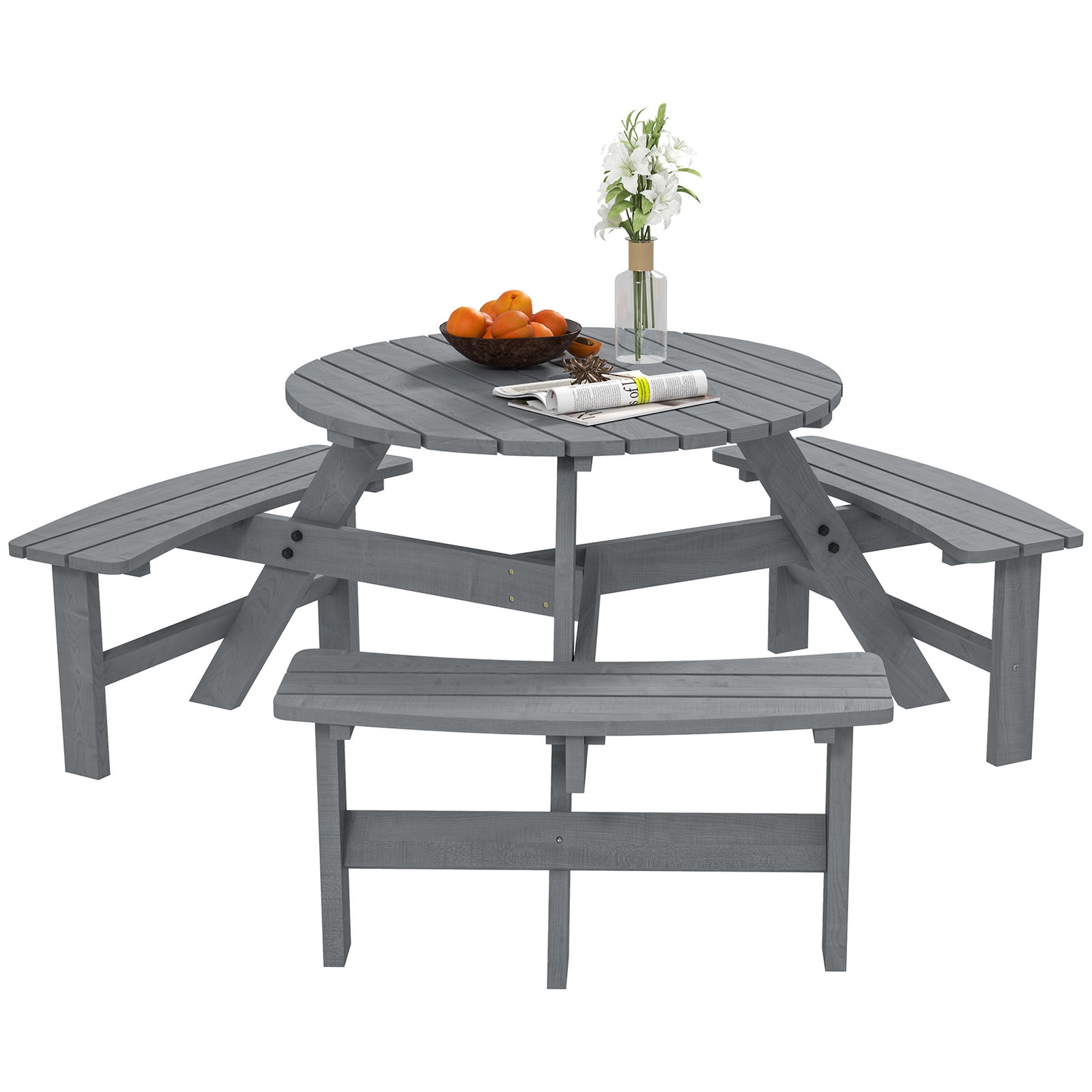 6 Person Fir Wood Table Bench Set Outdoor Garden Patio, Grey