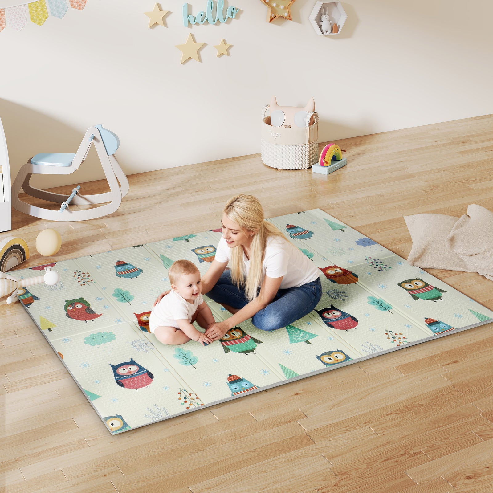 AIYAPLAY Baby Play Mat Double-sided, Kids Floor Mat, Car Track And Owl Theme