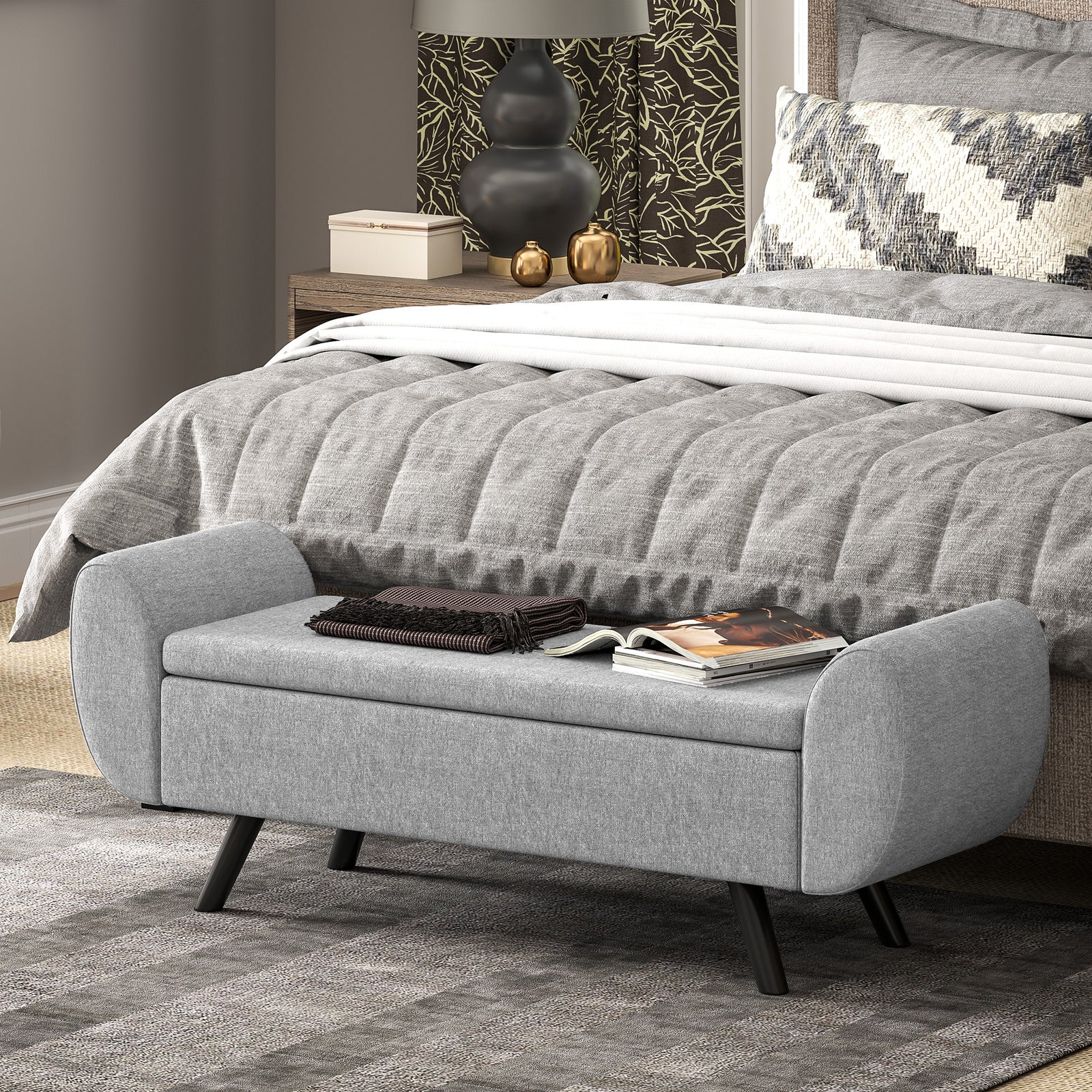 Storage Ottoman With Armrest, Upholstered Linen Storage Bench | Dark Grey