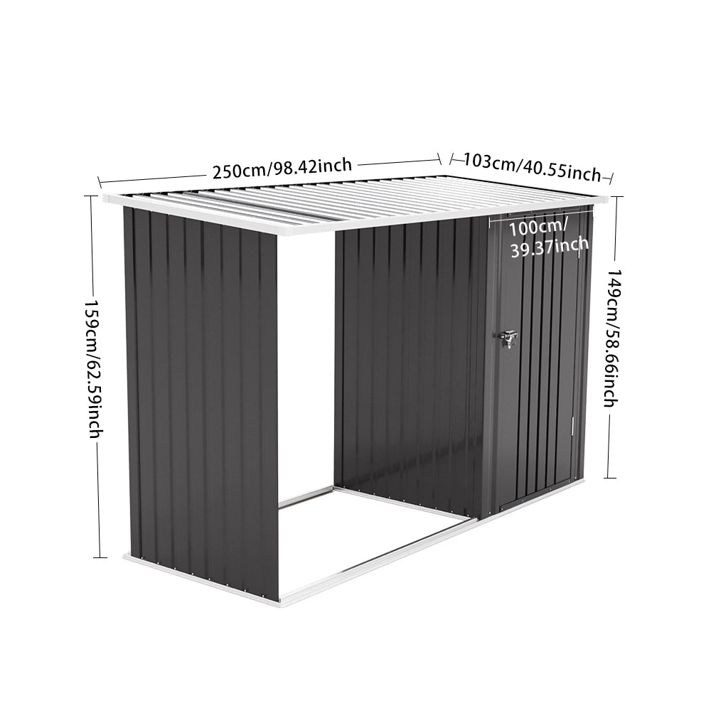 2.5m W Steel Outdoor Garden Storage Shed With Log Stacking Rack | Charcoal Black
