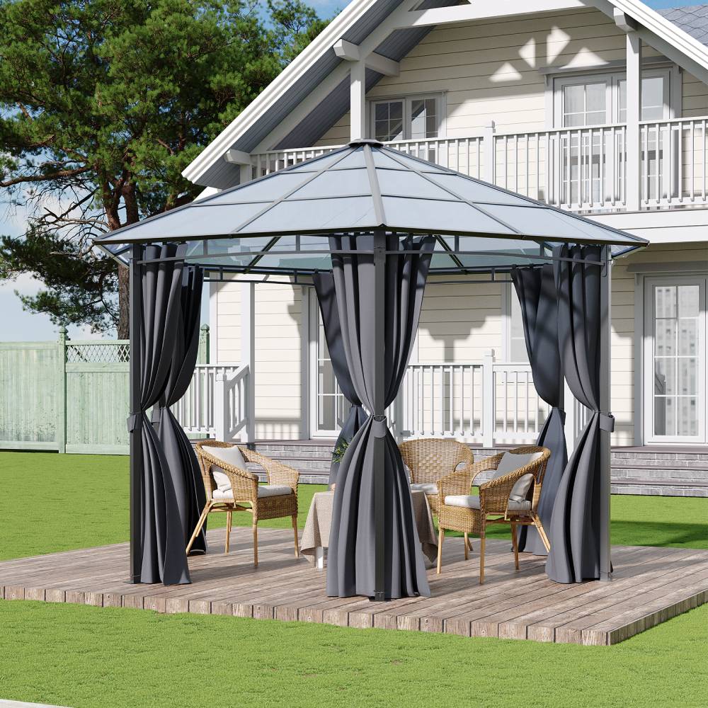 Hexagon Hardtop Gazebo With Curtains, 3.8m Outdoor Metal Frame Pavilion With Semi-transparent Pc Roof For Garden & Patio