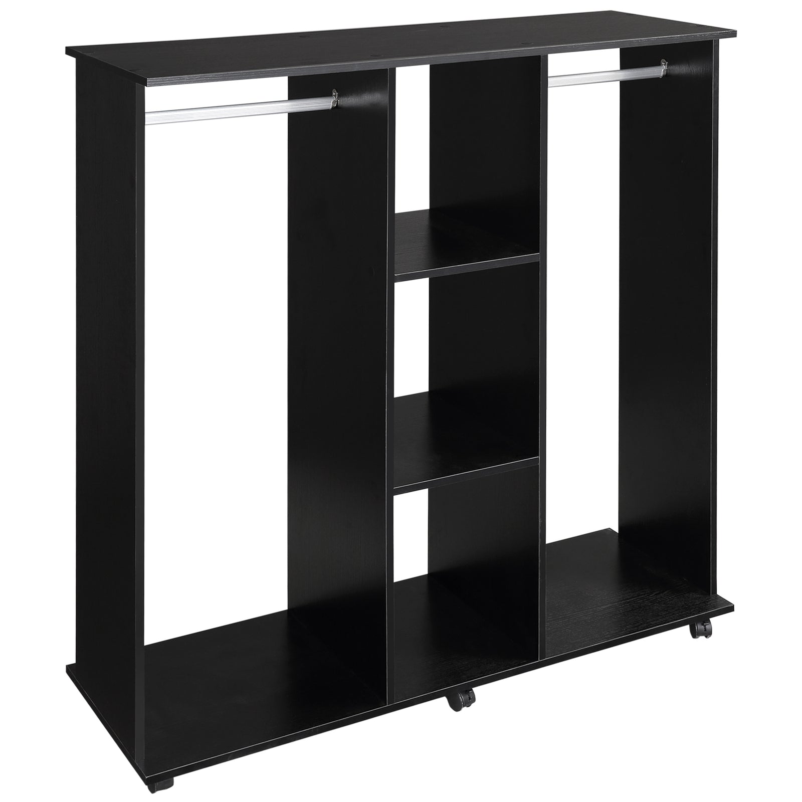 Mobile Double Open Wardrobe W/ Clothes Hanging Rail Colthing | One Size | Black