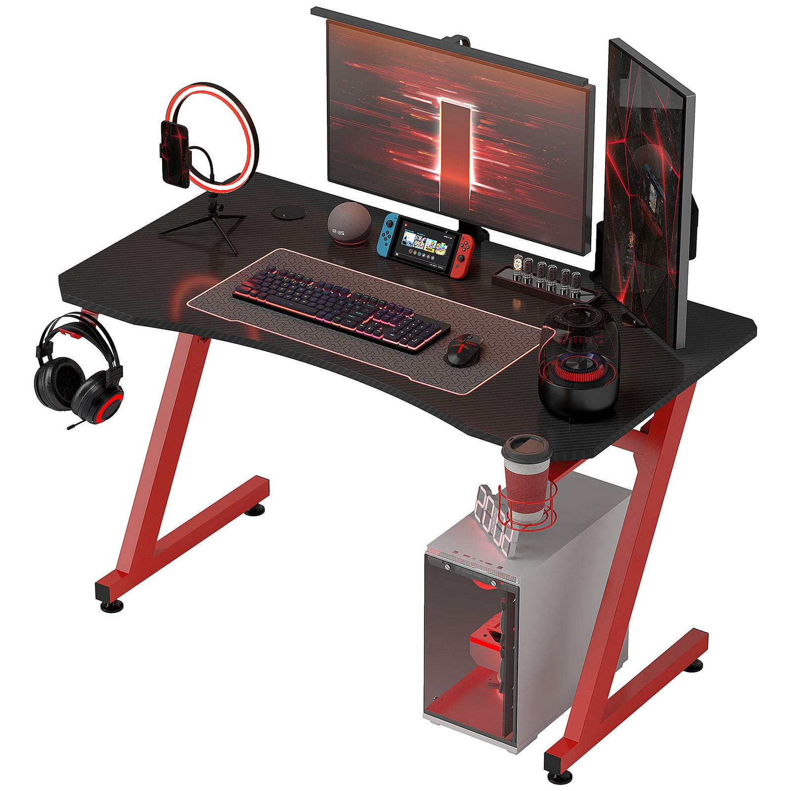 Gaming Desk Steel Frame Cup Holder Black | Red