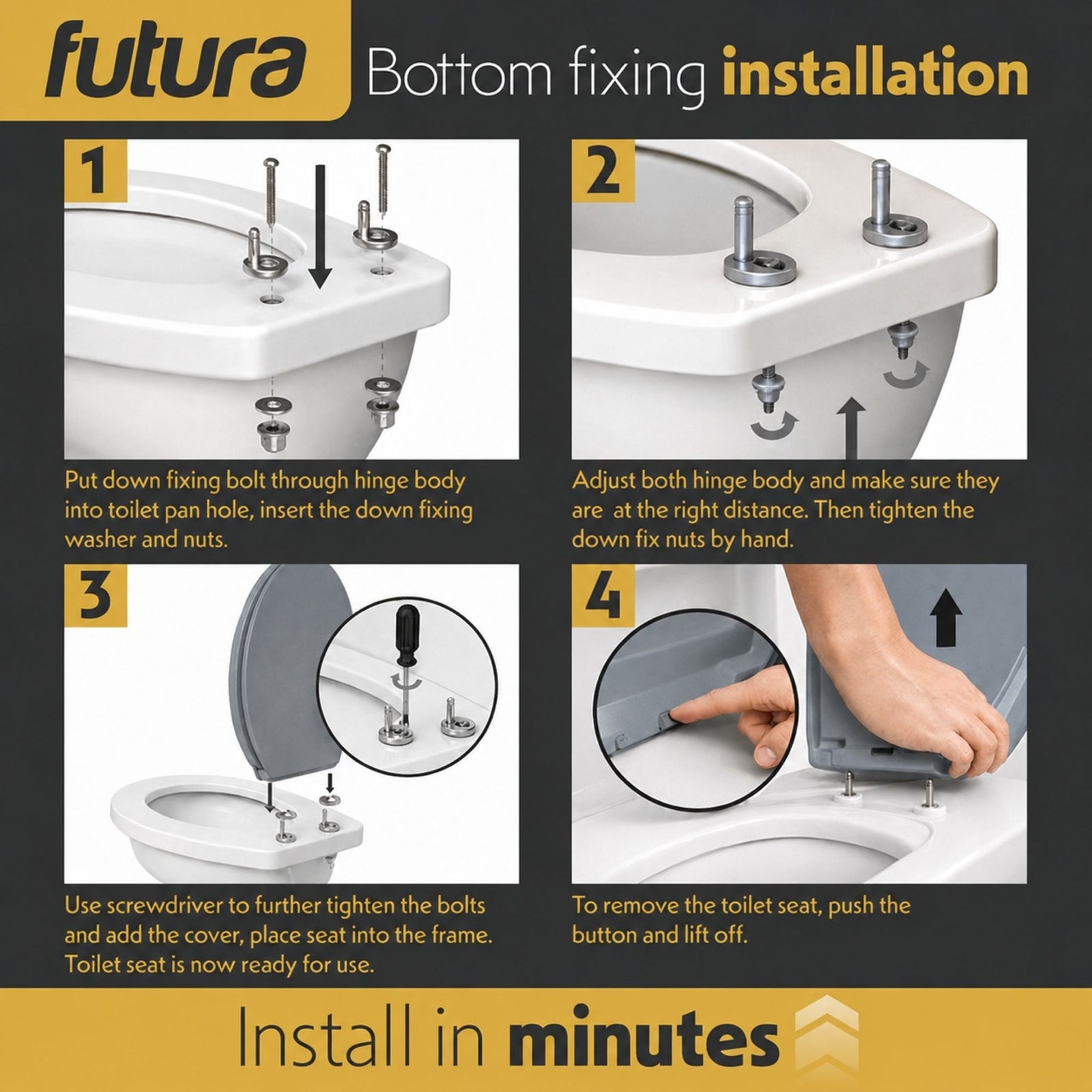 Toilet Seat Soft Close Oval Shape, Premium Thermoplastic, Quick Release, Top & Bottom Fixings | Grey