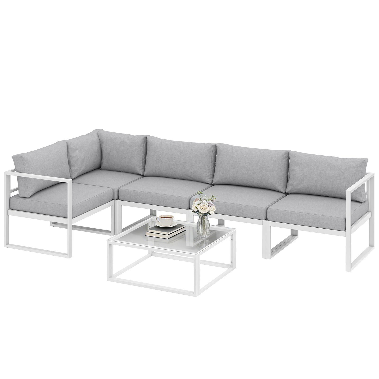 5 Seater Aluminium Garden Furniture Set With Table, Cushions | Light Grey