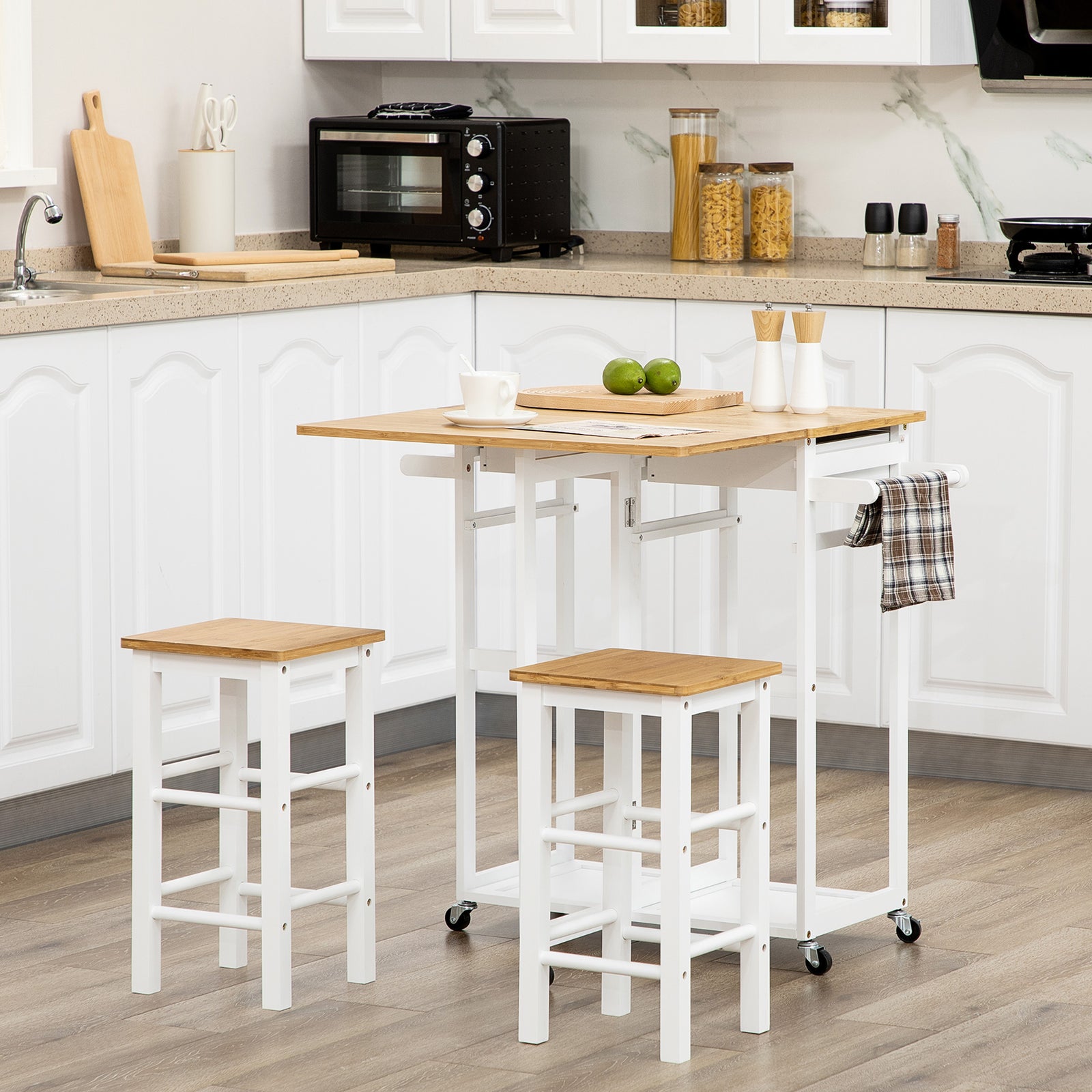 Drop Leaf Bamboo Breakfast Cart With Two Kitchen Stools