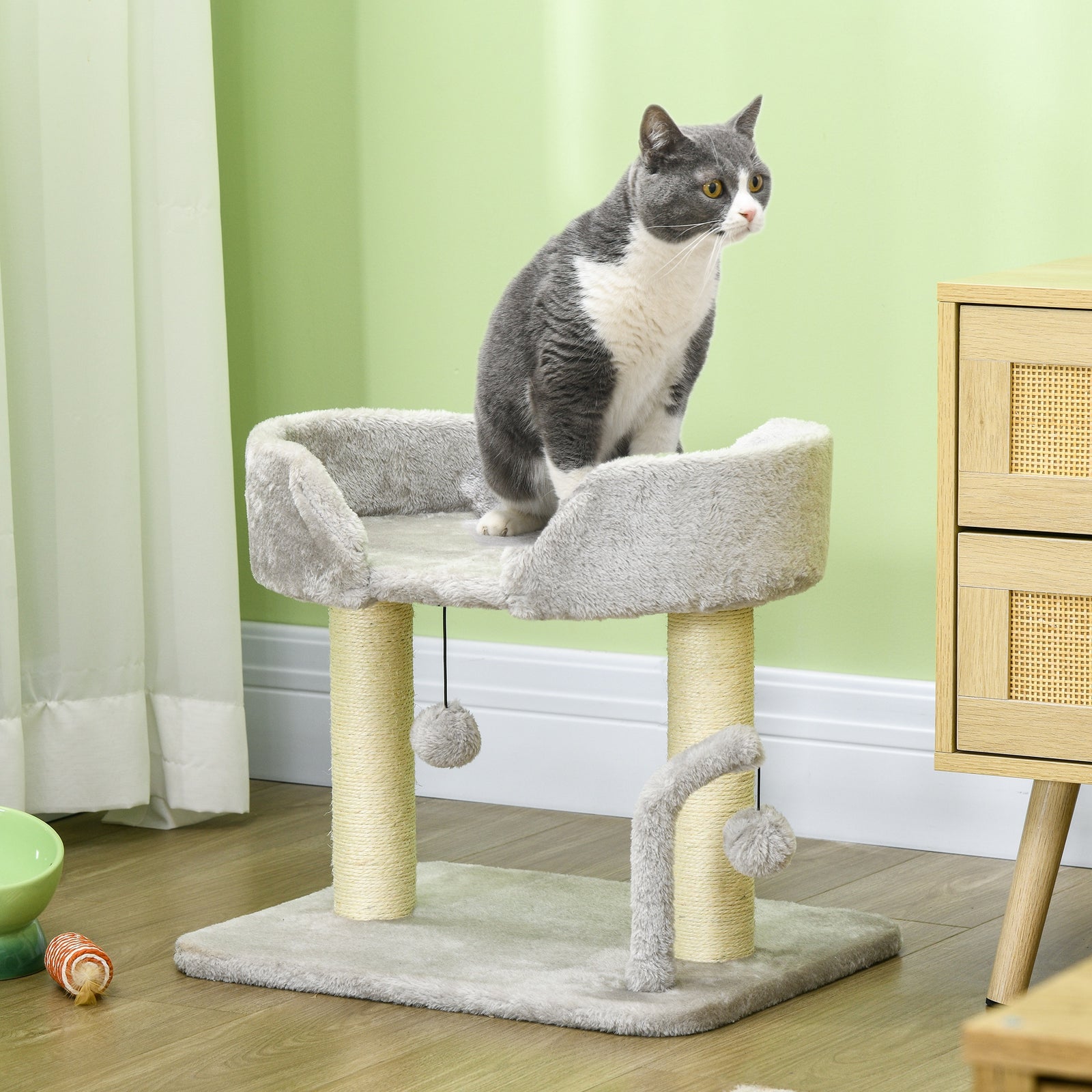 42cm Indoor Cat Tree, Kitty Play Tower W/ Toy Balls, Jute Scratching Post | Gray