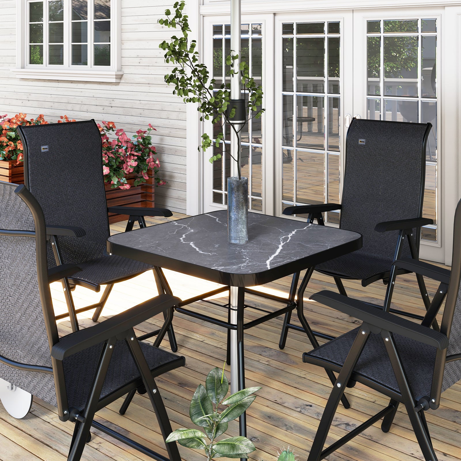 Outdoor Garden Table W/ Faux-marbled Top, Umbrella Hole