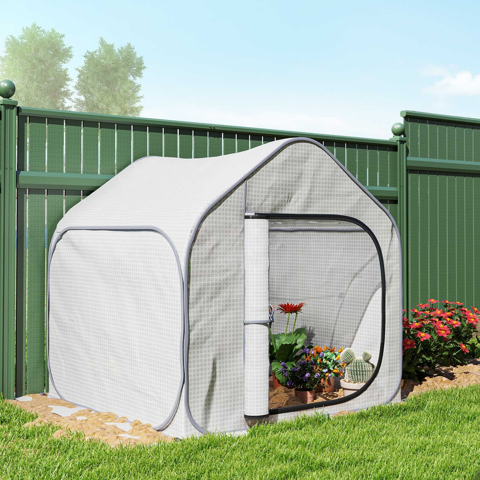 Mini Pop Up Greenhouse W/ Reinforced Pe Cover, Zipper Door | White