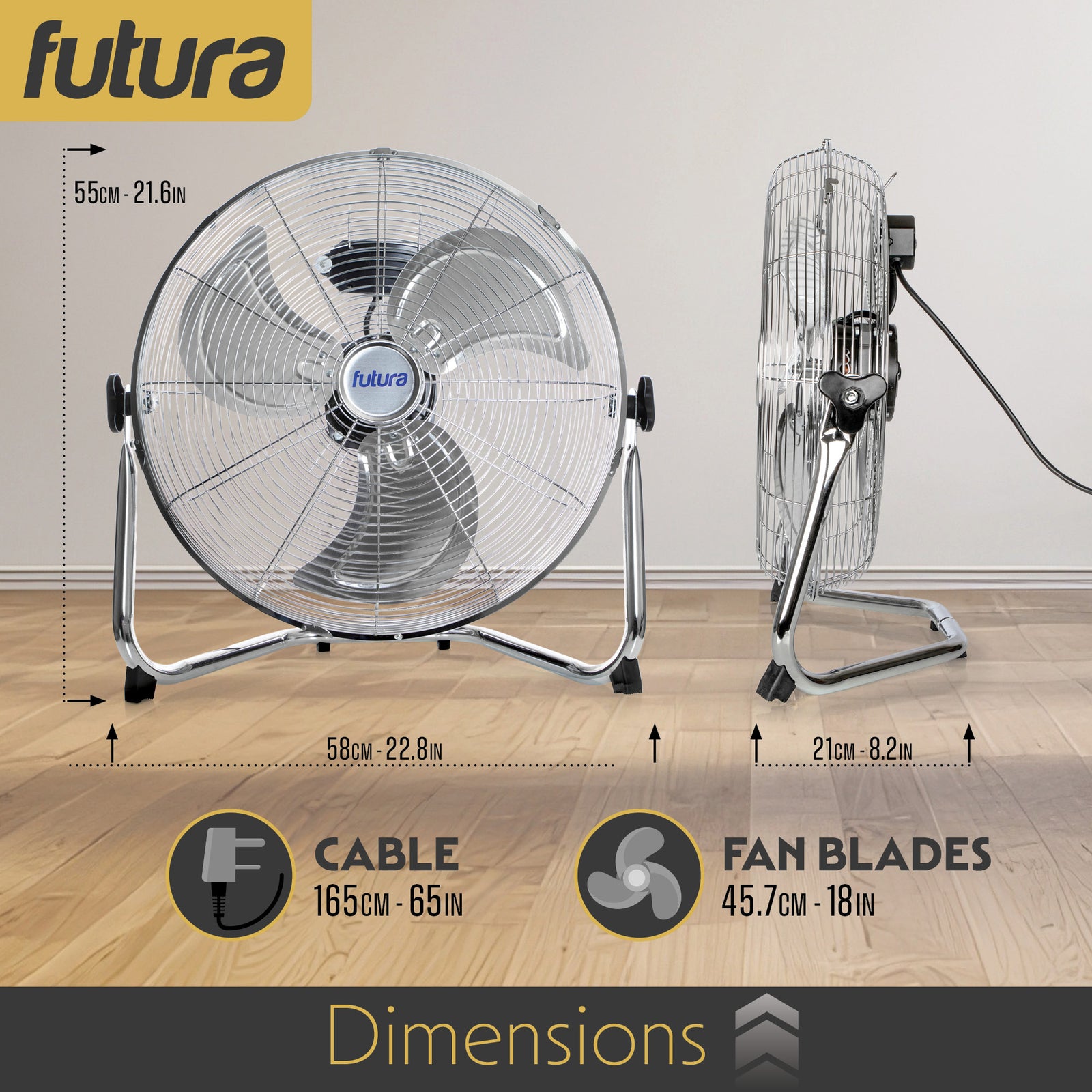 Floor Fan High Velocity Portable Chrome Fan Adjustable 3 Speed Standing Industrial Large Cooling Metal Gym Fan | 20" | Silver