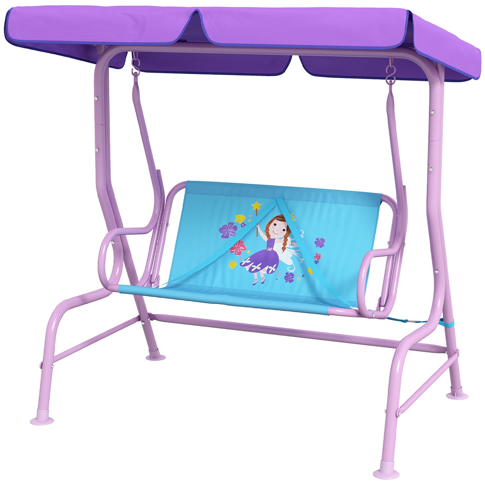 2 Seater Kids Swing Chair, Fairy-themed With Adjustable Canopy