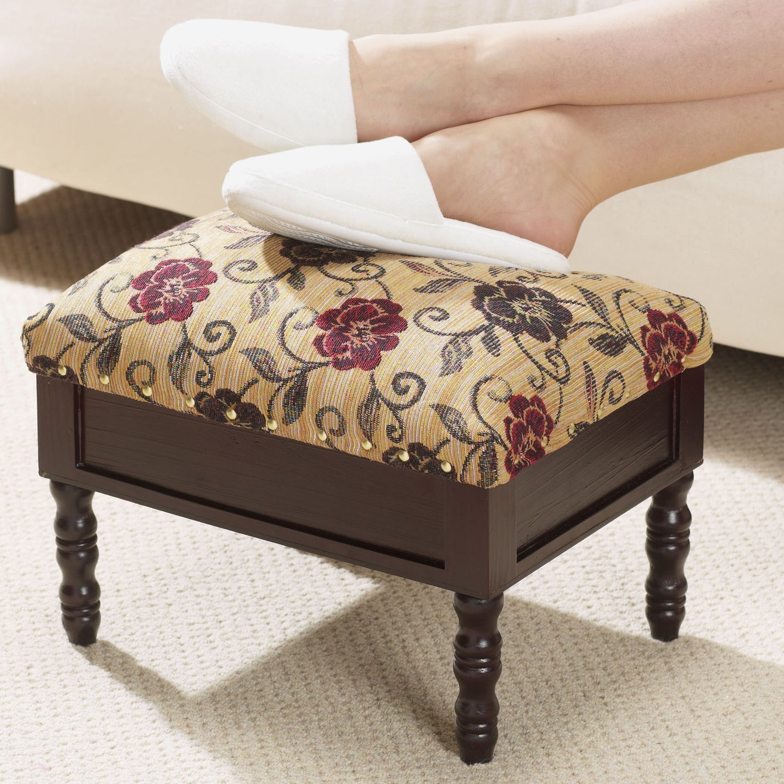 Storage Footstool Floral Fabric Lid Wooden Frame