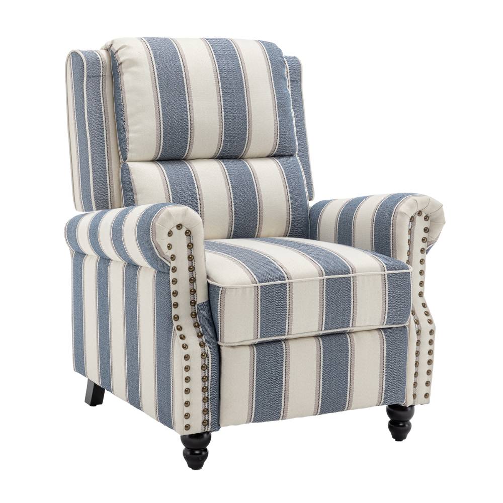 Modern Linen Upholstered Push Back Recliner Armchair With Adjustable Backrest & Hidden Footrest | Blue