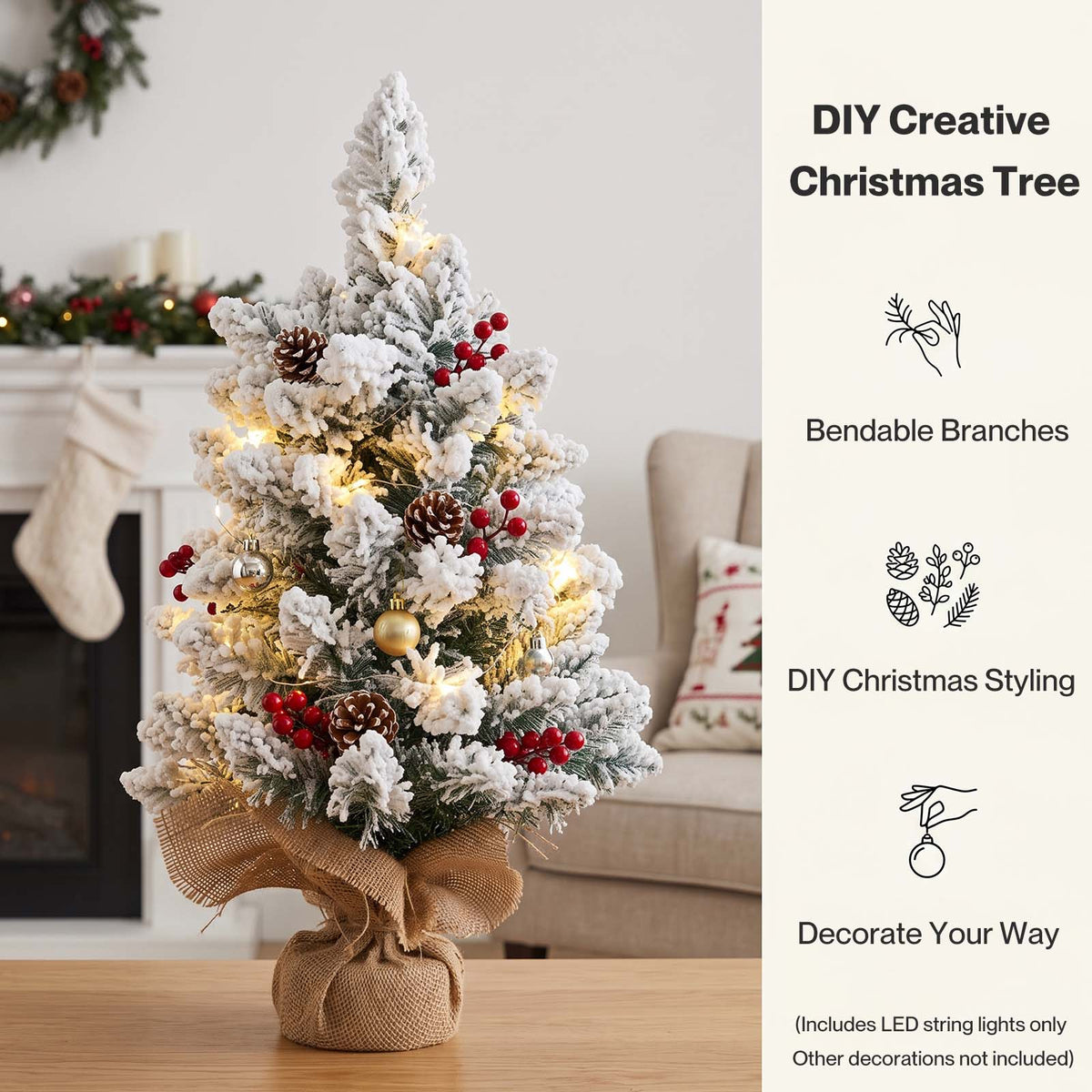Christmas Tree Mini 49cm Snow Flocked PVC LED Tabletop Desk Xmas White