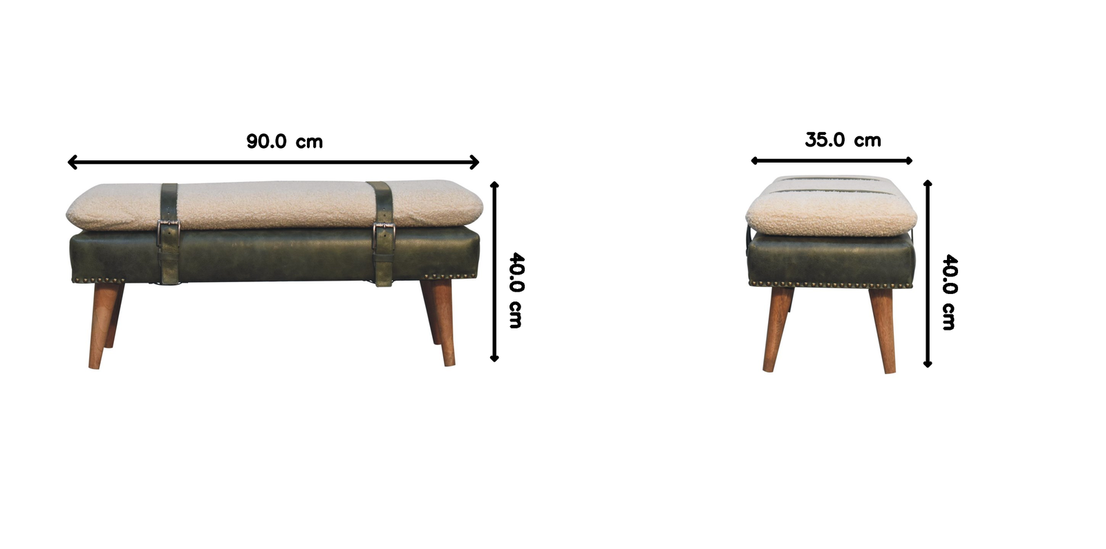 Bouclé Buffalo Hide Olive Green Leather Bench