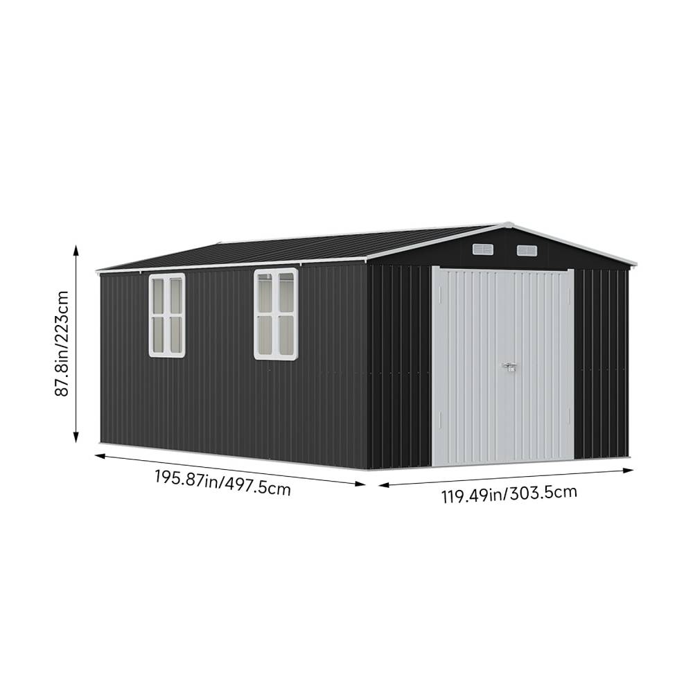 10x16ft Large Metal Storage Shed With Lockable Double Doors, 4 Windows, 4 Vents – Spacious Outdoor Tool Shed