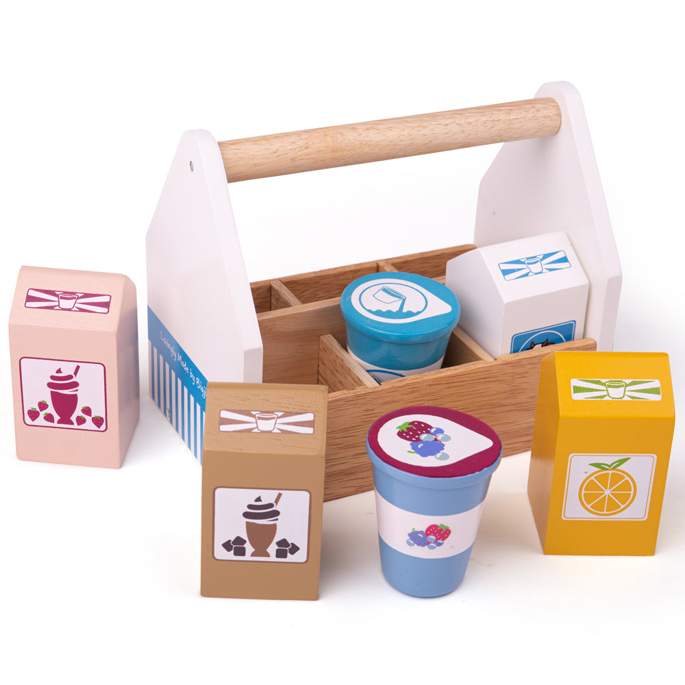 Wooden Dairy Delivery Set, Includes Crate & 6 Dairy Pieces