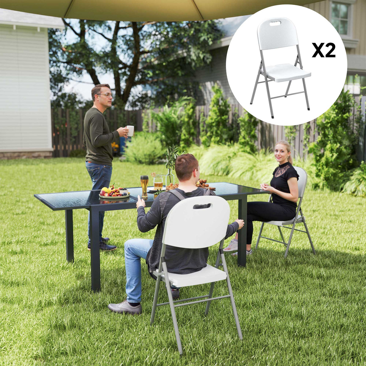 Folding Chair With Steel Frame, Garden Chair Set | Set of 2 | White