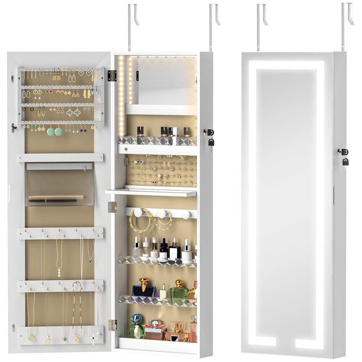 HOMCOM Led Mirror Jewellery Cabinet, Full Length Mirror With Storage, White