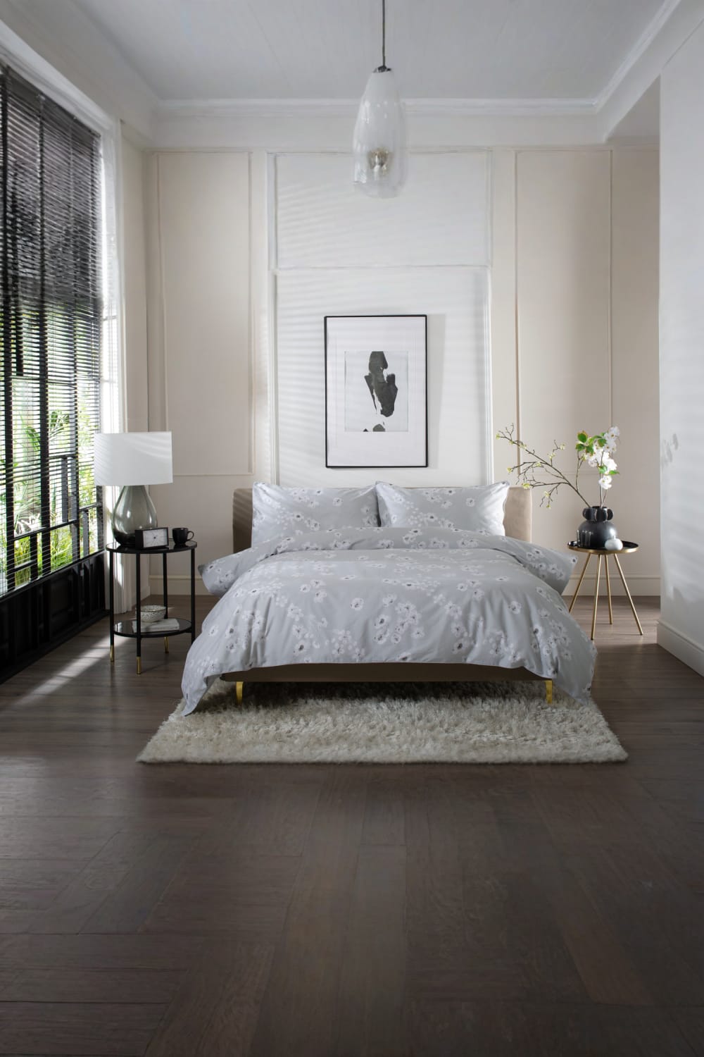 Petite Fleure 100% Cotton Duvet Cover Set – Floral Blossom Print Bedding With Piped Edges | King | Grey